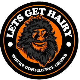 Circular “Let’s Get Hairy” logo featuring a cartoon bearded character with sunglasses - Lets Get Hairy Hair Restoration in New York, NY