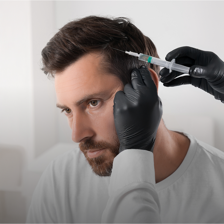 Man receiving a hair restoration injection from a medical provider wearing black gloves - Hair Restoration in New York, NY