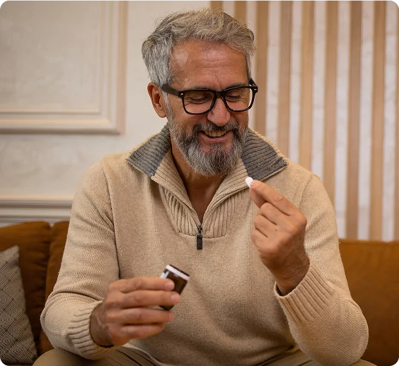 Smiling older man holding a pill and bottle while preparing to take hair growth medication - Hair Restoration in New York, NY