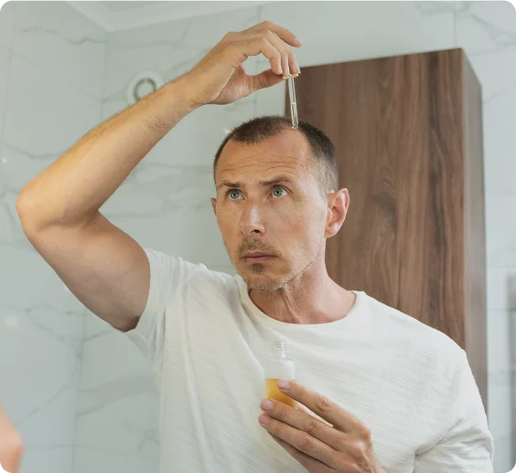 Man applying topical hair growth serum to his thinning hairline with a dropper in the bathroom - Hair Restoration in New York,NY